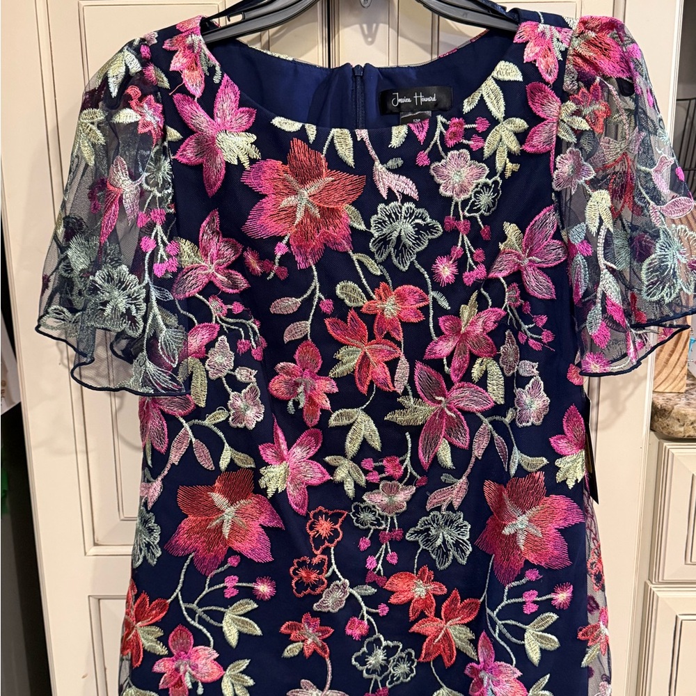 Jessica Howard Navy Dress with Pink and Gold Embroidery